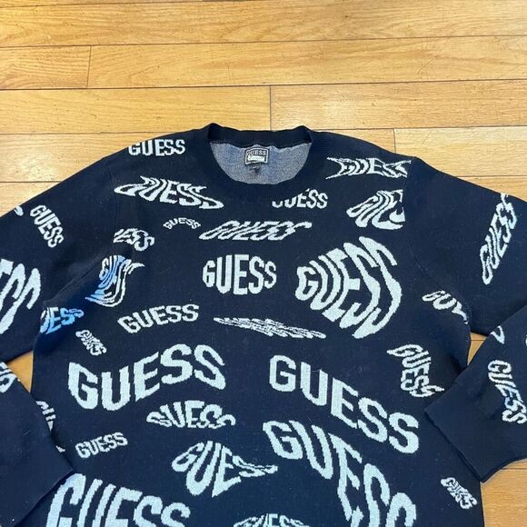 Guess Men's Sweatshirt Black White Large Allover Logo Print Long Sleeve Pullover - Picture 3 of 8